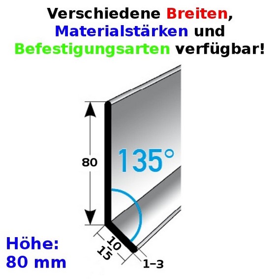 Fußleiste / Sockelleiste (TYP 8) aus Edelstahl, Höhe: 8 mm, mit verschiedenen Breiten, Materialstärken und Befestigungsarten, Winkel: 135° (Default)