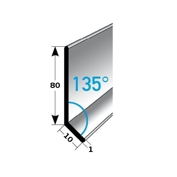 Fußleiste / Sockelleiste (TYP 8) aus Edelstahl, Höhe: 8 mm, mit verschiedenen Breiten, Materialstärken und Befestigungsarten, Winkel: 135°-gebohrt-1 mm-1 mm (Default)