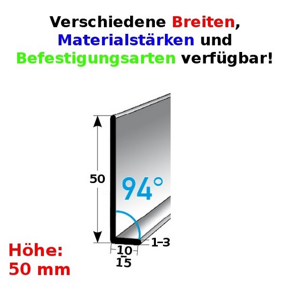 Fußleiste / Sockelleiste (TYP 5) aus Edelstahl, Höhe: 5 mm, mit verschiedenen Breiten, Materialstärken und Befestigungsarten, Winkel: 94° (Default)