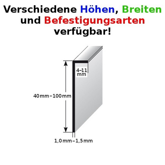 Einklebe-Sockelleiste für Designbeläge, Höhe: 4 - 1 mm, Breite: 4 - 11 mm, Aluminium (silber eloxiert), verschiedene Befestigungsarten, Typ: 464 (Default)