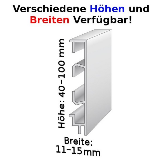 Sockelleiste mit Kabelkanälen, Höhe: 4 - 1 mm, Breite: 11 - 15 mm, Aluminium (silber eloxiert), Typ: 465 (Default)